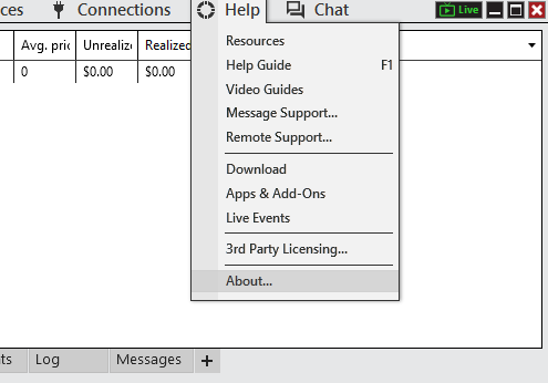 NinjaTrader Help menu showing the About option