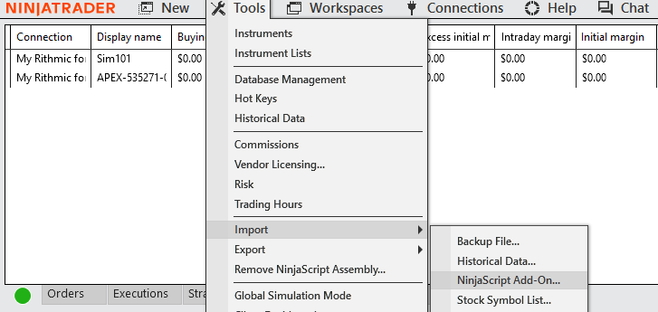 NinjaTrader Tools menu showing Import > NinjaScript Add-On option