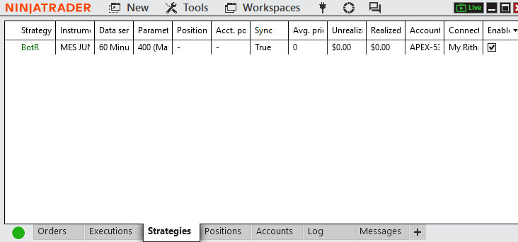 NinjaTrader Strategies tab showing the bot enabled